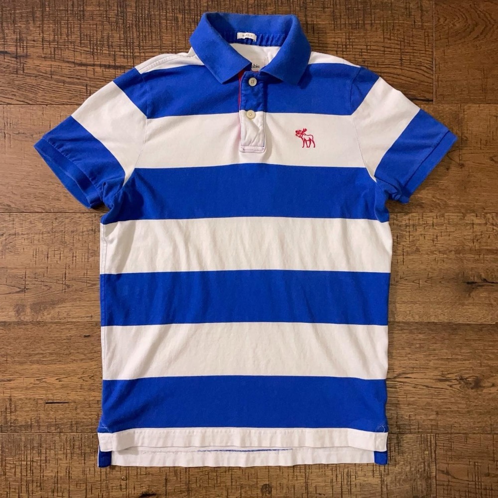 Abercrombie & Fitch Polo Shirt Mens XXL Blue White Preppy Muscle Stripe Rugby